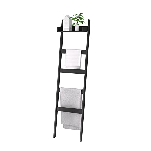 WTZ Blanket Ladder, 5-Layer Towel Racks, with Shelf Board, Blanket Holder with Anti-Slip Construction Home Decor, Decorative Blanket, Quilt, Towel, Scarf Ladder Shelves for, Bedroom, Bathroom, Black