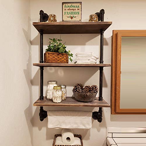 Ucared Vintage Industrial Pipe Bathroom Shelves Wall Mounted, 3-Tier 24" Rustic Wall Shelf with Bath Towel Bars,Farmhouse Towel Rack,Metal & Wooden Floating Shelves,Over The Toilet Storage Shelf