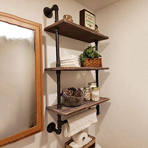Ucared Vintage Industrial Pipe Bathroom Shelves Wall Mounted, 3-Tier 24" Rustic Wall Shelf with Bath Towel Bars,Farmhouse Towel Rack,Metal & Wooden Floating Shelves,Over The Toilet Storage Shelf