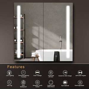 MAXTOR 30x30 Inch Recessed or Surface Mount Medicine Cabinets for Bathroom with Mirror and Lights Dimmable, Anti-Fog, 3 Adjustable Tempered Glass Shelves, Electrical Outlet&USB, 2 Mirrored Doors