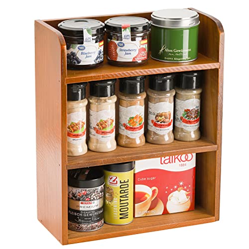 Okllen 3 Tier Spice Rack, Multi-Functional Wood Storage Organizer, Countertop Bathroom Organizer Rack Stand for Vanity, Bedroom, Closet, 10" Lx4.3 Wx12 H, Wall Mounted, Brown