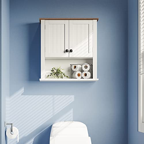 WAMPAT Farmhouse Wall Cabinet, Bathroom Over The Toilet Space Saver Storage Cabinet, Wood Hanging Medicine Cabinets with Adjustable Inner Shelf and Open Storage