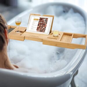bamboo extension tray for the bathroom and relaxation tool for the bath, with holder for cellphone, tablet, candles and more