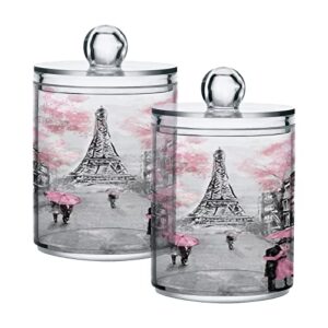 keepreal romantic paris tower oil painting qtip holder dispenser with lids, 2pcs plastic food storage canisters, apothecary jar containers for vanity organizer storage