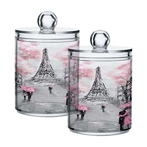 KEEPREAL Romantic Paris Tower Oil Painting Qtip Holder Dispenser with Lids, 2PCS Plastic Food Storage Canisters, Apothecary Jar Containers for Vanity Organizer Storage