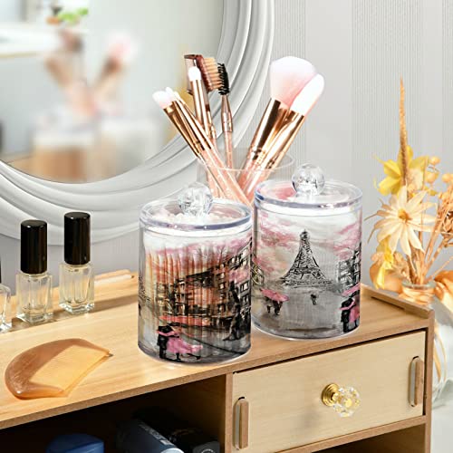 KEEPREAL Romantic Paris Tower Oil Painting Qtip Holder Dispenser with Lids, 2PCS Plastic Food Storage Canisters, Apothecary Jar Containers for Vanity Organizer Storage