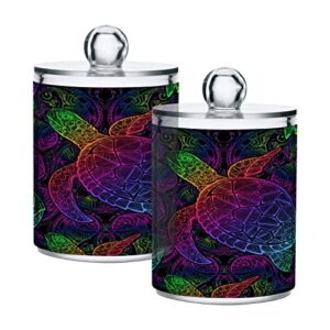 jumbear 4 pack mandala sea turtle qtip holder dispenser with lid, 14 oz clear plastic apothecary jar set for bathroom vanity organizers storage containers