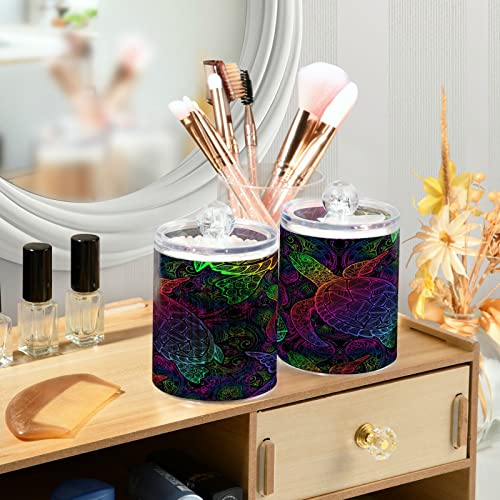 JUMBEAR 4 Pack Mandala Sea Turtle Qtip Holder Dispenser with Lid, 14 oz Clear Plastic Apothecary Jar Set for Bathroom Vanity Organizers Storage Containers