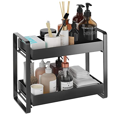 GILLAS 2 Tier Bathroom Counter Organizer, Makeup and Cosmetic Organizer Rack, Bathroom Vanity Storage Tray, Counter Standing Holder Shelf, Black Medium