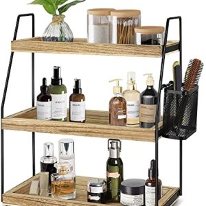 3-Tier Bathroom Organizer Countertop, Wood Bathroom Countertop Vanity Organizer Bathroom Trays for Counter, Skincare Organizer Makeup Cosmetic Holder Standing Storage Shelf, Kitchen Spice Rack, Brown