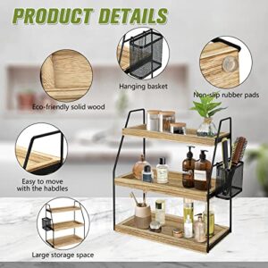 3-Tier Bathroom Organizer Countertop, Wood Bathroom Countertop Vanity Organizer Bathroom Trays for Counter, Skincare Organizer Makeup Cosmetic Holder Standing Storage Shelf, Kitchen Spice Rack, Brown