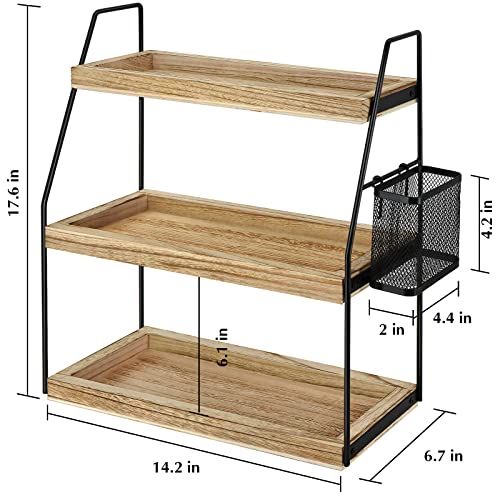 3-Tier Bathroom Organizer Countertop, Wood Bathroom Countertop Vanity Organizer Bathroom Trays for Counter, Skincare Organizer Makeup Cosmetic Holder Standing Storage Shelf, Kitchen Spice Rack, Brown