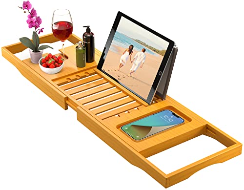 Bambüsi Premium Bathtub Tray Caddy - Bamboo Expandable Bath Tray - Unique House Warming Gifts, New Home, Anniversary & Wedding Gifts for Couple, Bridal Shower Gift for Women