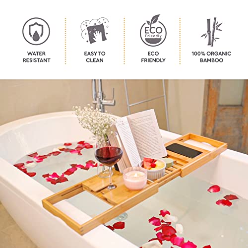 Bambüsi Premium Bathtub Tray Caddy - Bamboo Expandable Bath Tray - Unique House Warming Gifts, New Home, Anniversary & Wedding Gifts for Couple, Bridal Shower Gift for Women