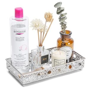 tricune perfume tray - bathroom vanity tray - mirror tray - decorative perfume for dresser jewelry organizer makeup glass tray 9.5 x 5 inch silver