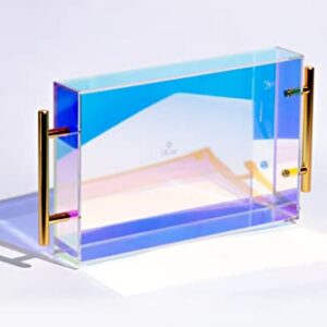 Iridescent Acrylic Bathroom Tray, Vanity Serving Tray with Gold Handle, Home Decor, Tray for Bathroom Countertop, Cosmetic Organizer, Glass Tray for Vanity, Bedroom Counter Tray