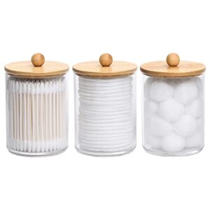 tbestmax 10 oz cotton swab/ball/pad holder, qtip apothecary jar, clear bathroom containers dispenser for storage 3 pack wood lids