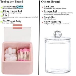 Tecbeauty Qtips Storage Organizer - 2 Grids Separate Cotton Swabs Dispenser Qtips Holder Bathroom Canisters with Hinged Lids for Cotton Balls, Cotton Pads, Pink