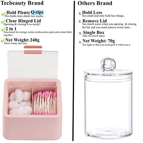 Tecbeauty Qtips Storage Organizer - 2 Grids Separate Cotton Swabs Dispenser Qtips Holder Bathroom Canisters with Hinged Lids for Cotton Balls, Cotton Pads, Pink