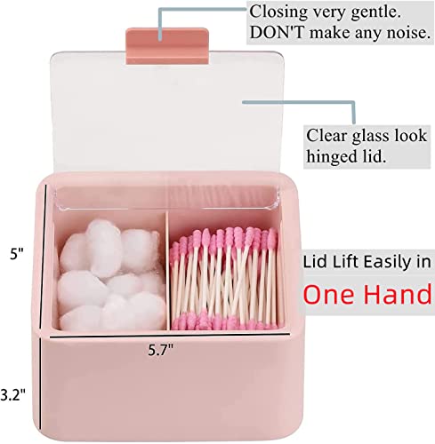 Tecbeauty Qtips Storage Organizer - 2 Grids Separate Cotton Swabs Dispenser Qtips Holder Bathroom Canisters with Hinged Lids for Cotton Balls, Cotton Pads, Pink