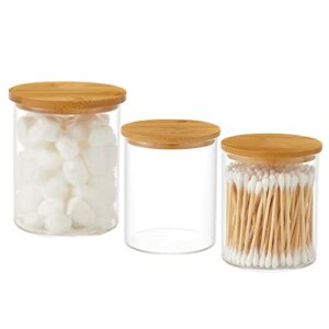 iniunik 3 pack glass qtip holder dispenser, 20 oz and 11 oz clear glass apothecary jars, bathroom vanity canisters organizer jars for cotton swabs, balls, rounds, pads, floss, bath salts