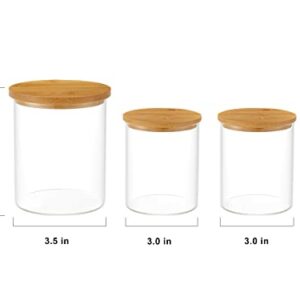 INIUNIK 3 Pack Glass Qtip Holder Dispenser, 20 oz and 11 oz Clear Glass Apothecary Jars, Bathroom Vanity Canisters Organizer Jars for Cotton Swabs, Balls, Rounds, Pads, Floss, Bath Salts