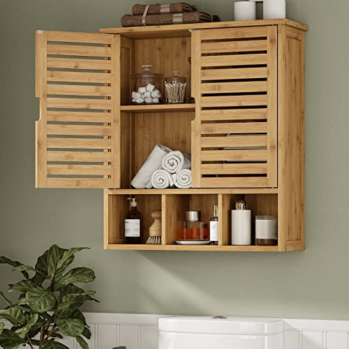 FORABAMB Bathroom Wall Cabinet Wood Medicine Cabinets with 2 Doors & Adjustable Shelves Over The Toilet Storage Cabinet with 3 Compartments Wall Mounted Storage Organizer for Kitchen Laundry Room