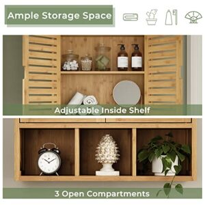 FORABAMB Bathroom Wall Cabinet Wood Medicine Cabinets with 2 Doors & Adjustable Shelves Over The Toilet Storage Cabinet with 3 Compartments Wall Mounted Storage Organizer for Kitchen Laundry Room