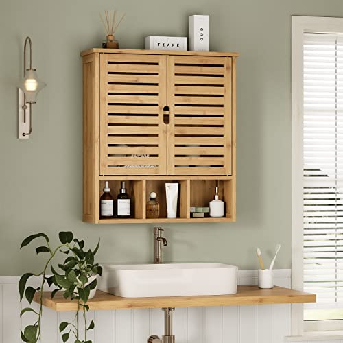 FORABAMB Bathroom Wall Cabinet Wood Medicine Cabinets with 2 Doors & Adjustable Shelves Over The Toilet Storage Cabinet with 3 Compartments Wall Mounted Storage Organizer for Kitchen Laundry Room