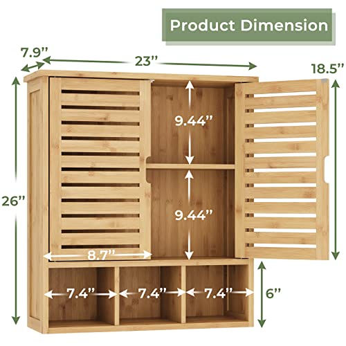 FORABAMB Bathroom Wall Cabinet Wood Medicine Cabinets with 2 Doors & Adjustable Shelves Over The Toilet Storage Cabinet with 3 Compartments Wall Mounted Storage Organizer for Kitchen Laundry Room