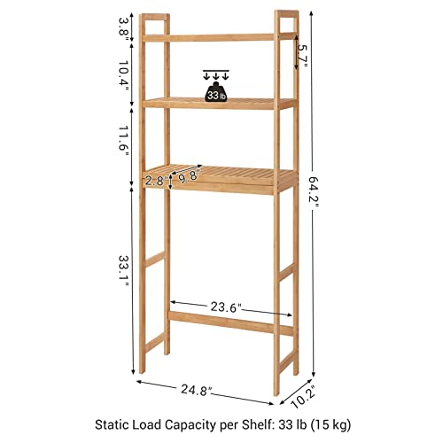 SONGMICS Over The Toilet Storage, 3-Tier Bamboo Over Toilet Bathroom Organizer with Adjustable Shelf, Fit Most Toilets, Space-Saving, Easy Assembly, Natural UBTS001N01