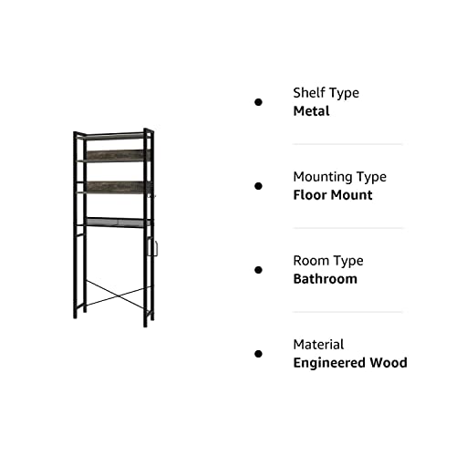 Rolanstar Over The Toilet Storage, 4-Tier Wooden Bathroom Space Saver with Hooks, Freestanding Bathroom Organizer, Multifunctional Over The Toilet Storage Rack, Bathroom Toilet Rack, Gray