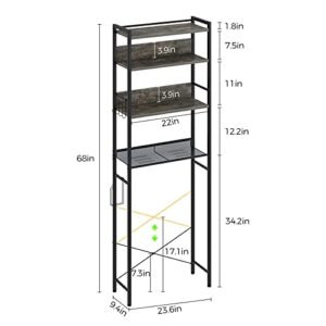 Rolanstar Over The Toilet Storage, 4-Tier Wooden Bathroom Space Saver with Hooks, Freestanding Bathroom Organizer, Multifunctional Over The Toilet Storage Rack, Bathroom Toilet Rack, Gray