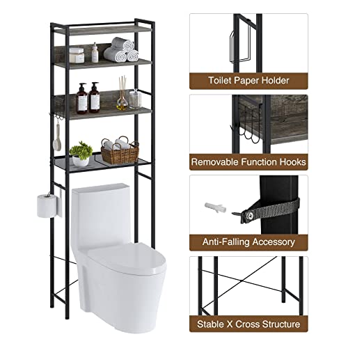 Rolanstar Over The Toilet Storage, 4-Tier Wooden Bathroom Space Saver with Hooks, Freestanding Bathroom Organizer, Multifunctional Over The Toilet Storage Rack, Bathroom Toilet Rack, Gray