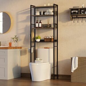 Rolanstar Over The Toilet Storage, 4-Tier Wooden Bathroom Space Saver with Hooks, Freestanding Bathroom Organizer, Multifunctional Over The Toilet Storage Rack, Bathroom Toilet Rack, Gray