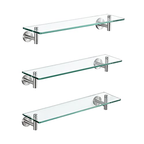 KES Glass Shelf for Bathroom Rectangular 20-Inch Floating Shelves 3 Pack with Rustproof Stainless Steel Brackets Wall Mounted Brushed Finish, A2021-2-P3