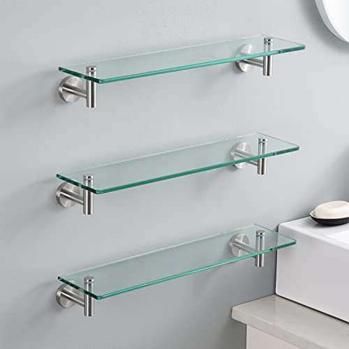 KES Glass Shelf for Bathroom Rectangular 20-Inch Floating Shelves 3 Pack with Rustproof Stainless Steel Brackets Wall Mounted Brushed Finish, A2021-2-P3