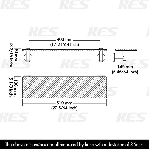 KES Glass Shelf for Bathroom Rectangular 20-Inch Floating Shelves 3 Pack with Rustproof Stainless Steel Brackets Wall Mounted Brushed Finish, A2021-2-P3