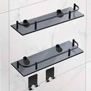 vasuhome 2 tier bathroom glass shelves, tempered glass bathroom wall organizer with black guardrail, and 2 metal hooks - wall mounted rectangular shelves for storage and display