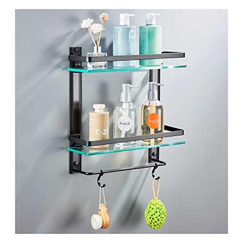 AIJALY Bathroom Glass Shelf,Aluminum Tempered Glass 0.34in Extra Thick Rectangular 2 Tier Storage Organizer Wall Mount,Black 15.7in