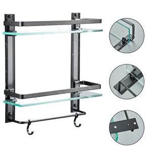 AIJALY Bathroom Glass Shelf,Aluminum Tempered Glass 0.34in Extra Thick Rectangular 2 Tier Storage Organizer Wall Mount,Black 15.7in