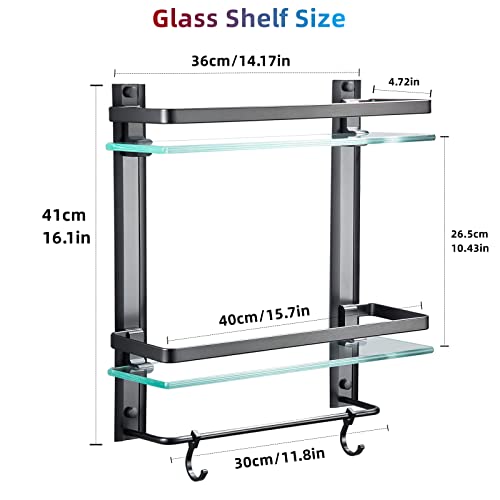 AIJALY Bathroom Glass Shelf,Aluminum Tempered Glass 0.34in Extra Thick Rectangular 2 Tier Storage Organizer Wall Mount,Black 15.7in