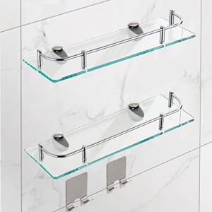 vasuhome 2 tier bathroom glass shelves, tempered glass bathroom wall organizer with silver guardrail, and 2 metal hooks - wall mounted rectangular shelves for storage and display