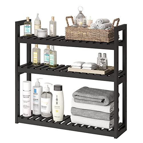 FILWH Bathroom Shelf Bamboo Organizer Rack Adjustable 3-Tier Storage Shelf Wall Mounted Storage Rack Over The Toilet Utility Shelves Living Room Kitchen Shelf(Black)