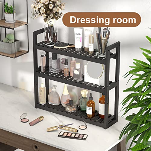 FILWH Bathroom Shelf Bamboo Organizer Rack Adjustable 3-Tier Storage Shelf Wall Mounted Storage Rack Over The Toilet Utility Shelves Living Room Kitchen Shelf(Black)