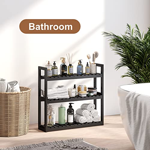 FILWH Bathroom Shelf Bamboo Organizer Rack Adjustable 3-Tier Storage Shelf Wall Mounted Storage Rack Over The Toilet Utility Shelves Living Room Kitchen Shelf(Black)