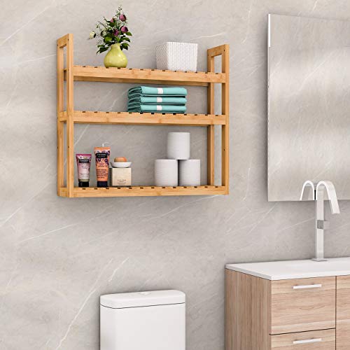 Domax Bamboo Bathroom Shelf 3-Tier Wall Mount Storage Rack Multifunctional Adjustable Layer Free Standing Over Toilet Utility Shelves Living Room Kitchen (Bamboo)