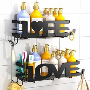 weeprop 𝟮𝟬𝟮𝟯 𝗡𝗲𝘄 2 pack shower caddy with 4 hooks, adhesive shower organizer, heavy duty shower shelf for bathroom, sus304 rust proof shower rack for shower storage (love & life), black