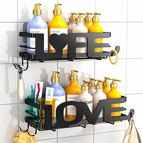 WeeProp 𝟮𝟬𝟮𝟯 𝗡𝗲𝘄 2 Pack Shower Caddy with 4 Hooks, Adhesive Shower Organizer, Heavy Duty Shower Shelf for Bathroom, SUS304 Rust Proof Shower Rack for Shower Storage (LOVE & LIFE), Black