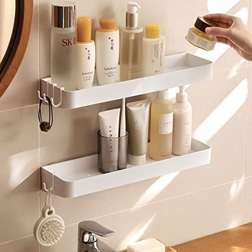 Shower Caddy Adhesive with 3 Hooks Bathroom Shelf Organizer Wall Mounted Storage Rack No Drilling Shower Shelf Bath Essentials Shampoo Spice Holder for Room Bathroom Kitchen (2 Pack)